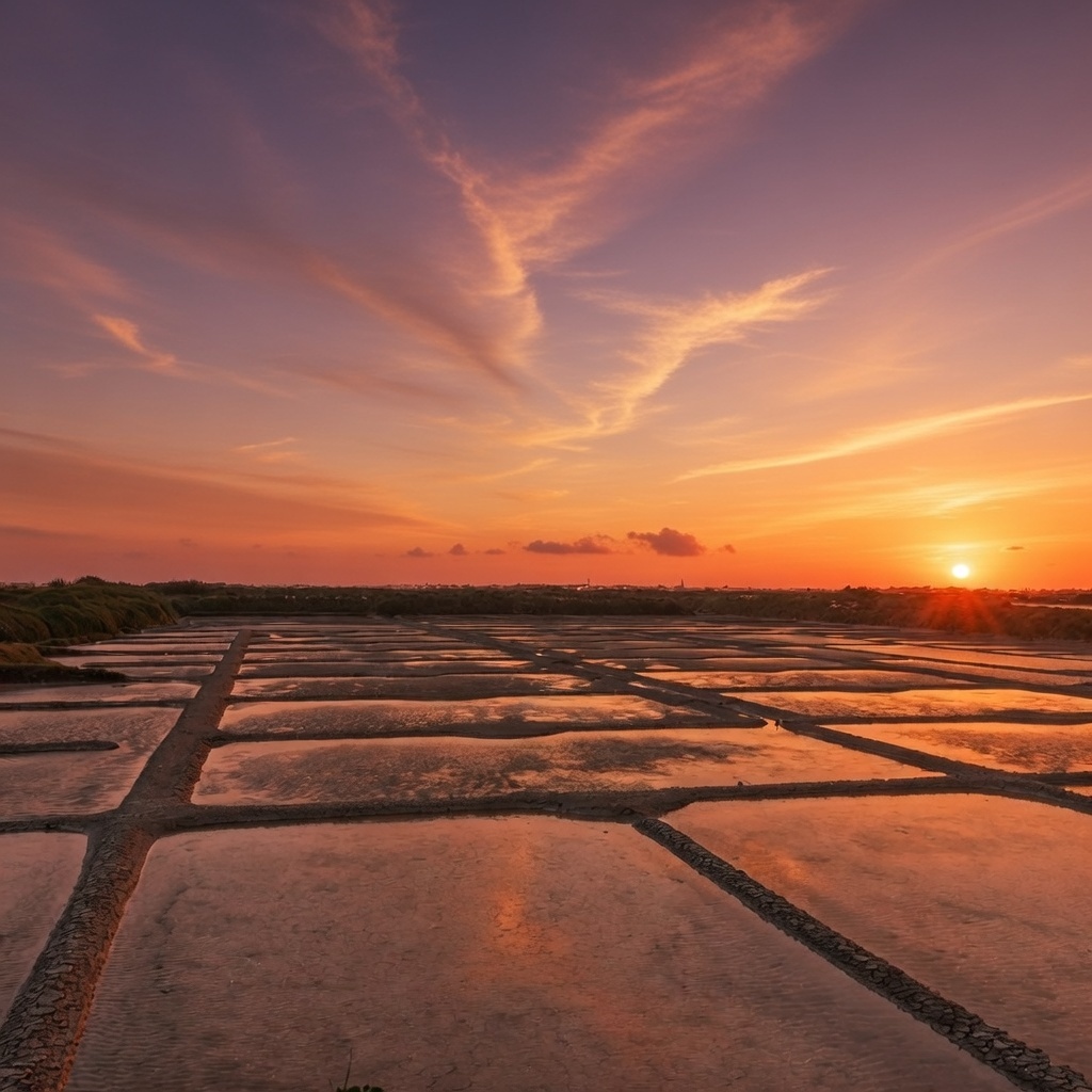 Marais salants de Guérande au coucher du soleil